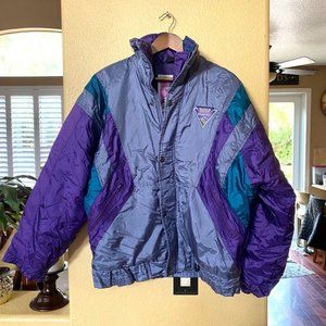 Vintage Steep Slopes Outer Boundaries Puffy Ski Jacket M Color Block Purple Teal